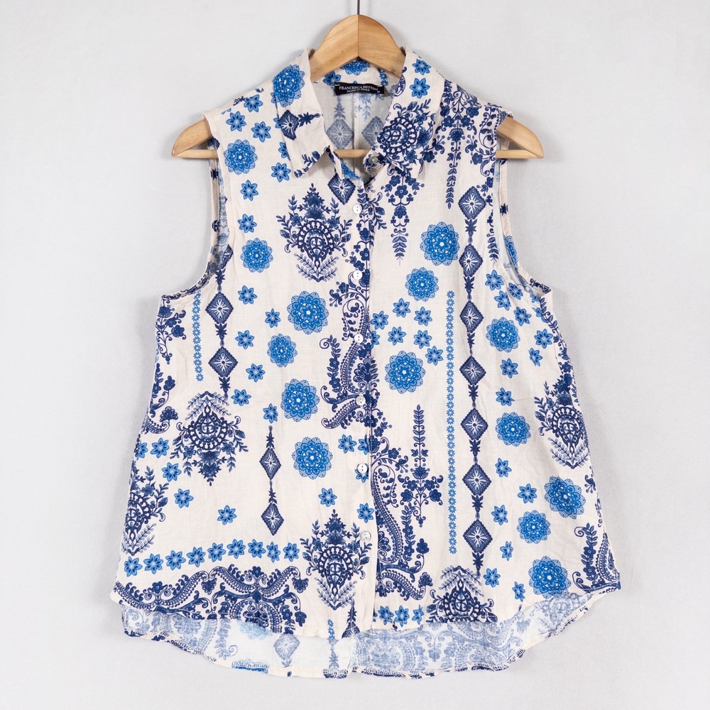 Francesca Bettini Shirt Blouse Womens M Blue White Linen Cotton Mediterranean